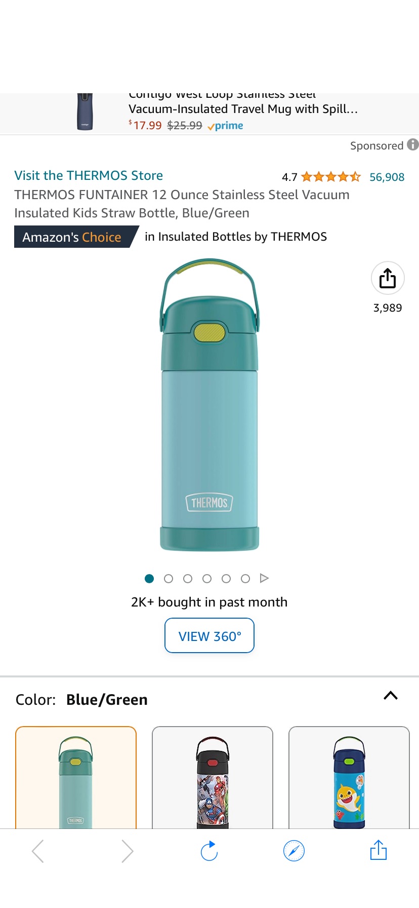 Amazon.com: THERMOS 儿童水杯FUNTAINER 12 Ounce Stainless Steel Vacuum Insulated Kids Straw Bottle, Blue/Green: Home & Kitchen