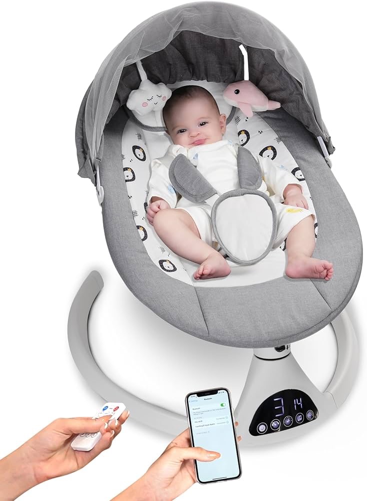 Amazon.com : Queerick Baby Swing for Infants to Toddler Portable Babies Swing Timing Function 5 Swing Speeds Bluetooth Touch Screen Music Speaker with 10 Preset Lullabies 5-Point Carabiner Gray : Baby