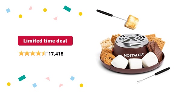 Limited-time deal: Nostalgia Tabletop Indoor Electric S'mores Maker - Smores Kit With Marshmallow Roasting Sticks and 4 Trays for Graham Crackers, Chocolate, and Marshmallows - Movie Night Supplies - 