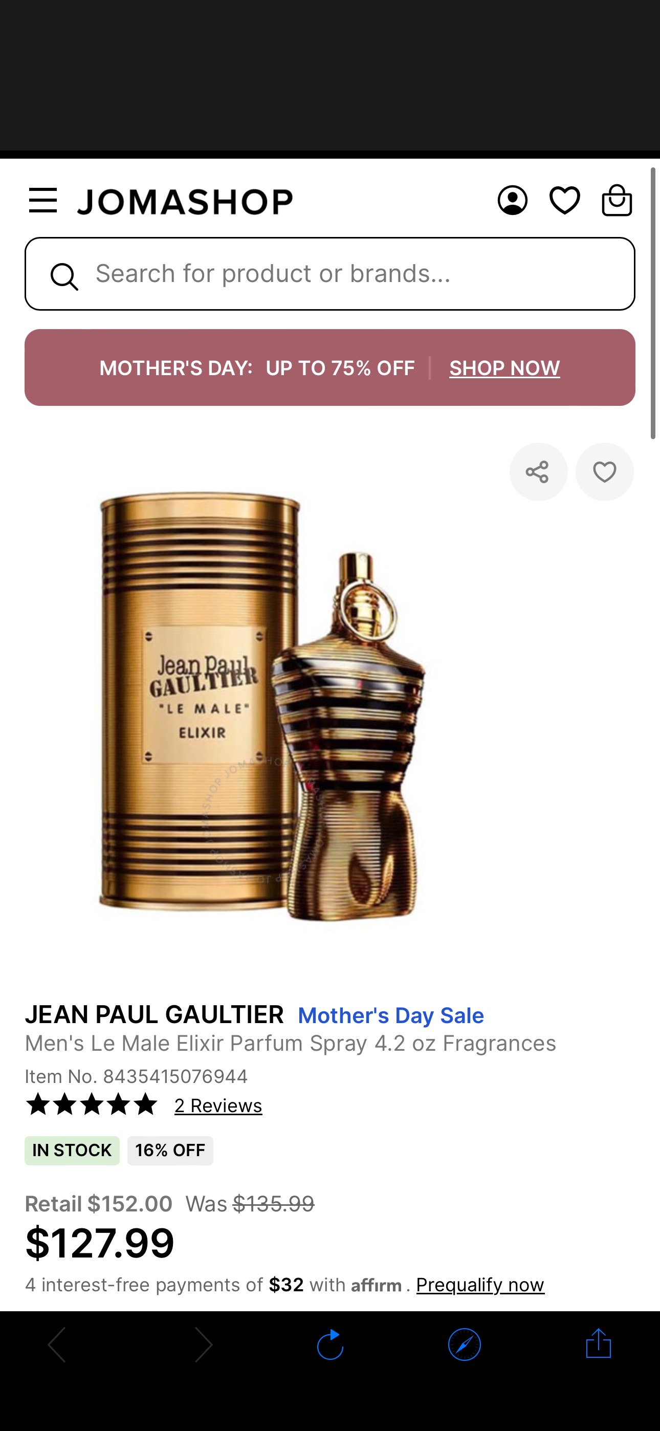 Jean Paul Gaultier Men's Le Male Elixir Parfum Spray 4.2 oz Fragrances 8435415076944 - Fragrances & Beauty, Le Male Elixir - Jomashop