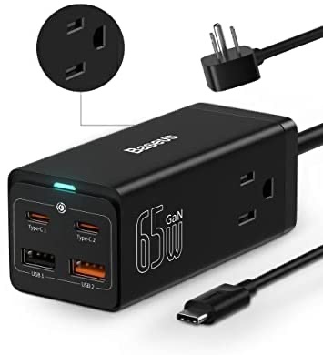 USB C Charger Baseus 65W GaN3 USB C Charging Station with 2 Outlets Extender &3 Fast Charging Ports 贝斯快充