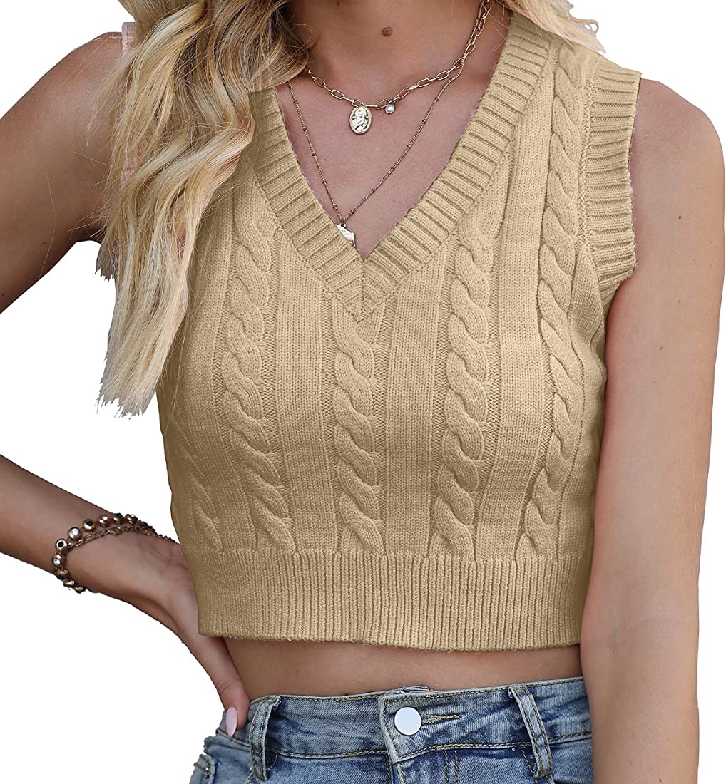 Longhong clothing Women's V-Neck Knit Sweater Vest Solid Color Sleeveless Crop Knit Vest Sweaters Khaki at Amazon Women’s Clothing store