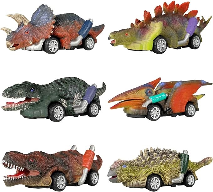 Amazon.com: DINOBROS 恐龙玩具回力车，6 件装恐龙玩具，适合 3 岁男孩女孩和幼儿，男孩玩具适合 3、4、5 岁及以上，回力玩具车，带霸王龙的恐龙游戏：