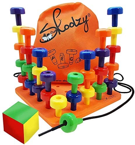 Skoolzy Peg Board Set 幼儿、学龄前儿童的蒙氏玩具 | 30 个用于学习游戏的系带钉、骰子颜色排序计数
