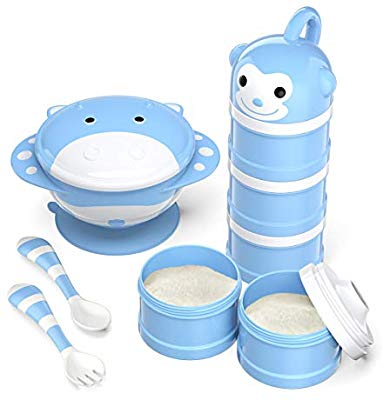 辅食碗勺奶粉盒套装BabyKing Baby Suction Bowl Set, Children Tableware Set, Suction Bowl, Spoons Forks Set, Milk Powder Dispensers for Baby's 3 Meals (Blue) : Baby