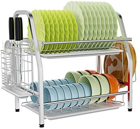 Dish Rack - Upgraded 304 Stainless Steel 2 Tier Dish Rack and Drainboard Set, Small Kitchen Dish Drying Rack with Utensil Holder, Cutting Board Holder and Dish Drainer for Kitchen Counter 餐具架