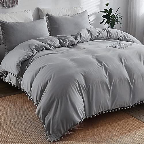 Grey Duvet Cover Twin Size, 2 Pieces Soft Washed Microfiber Duvet Cover Set with Boho Pom Pom Fringe (Gray-Twin) 被套组: Home & Kitchen