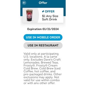 $1 Wendy s® 任何size汽水仅