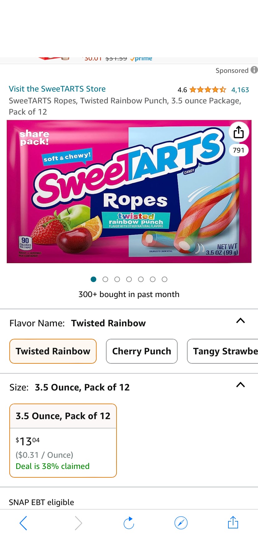 Amazon.com : SweeTARTS 酸酸甜甜彩虹糖Ropes, Twisted Rainbow Punch, 3.5 ounce Package, Pack of 12 : Everything Else