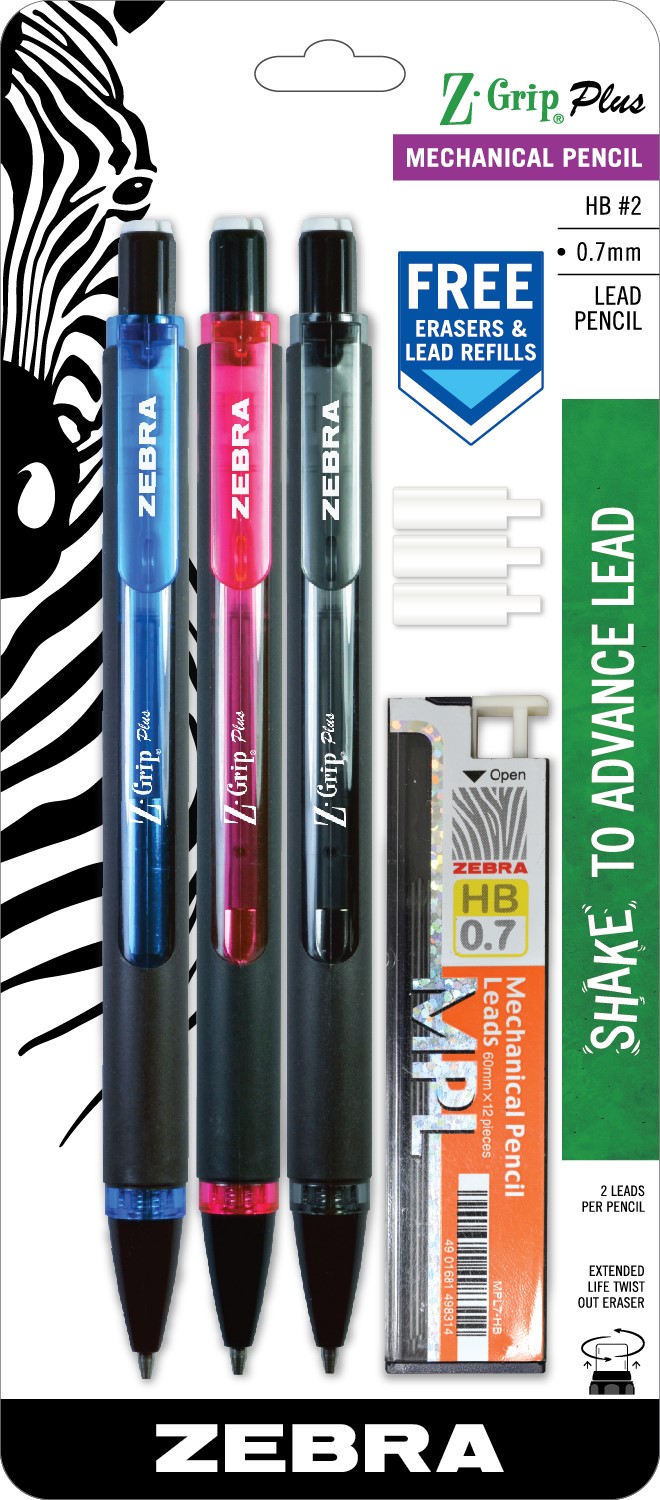 Zebra Pen Z-Grip Plus 自动铅笔，0.7 毫米，附赠铅芯和橡皮擦，3 支装