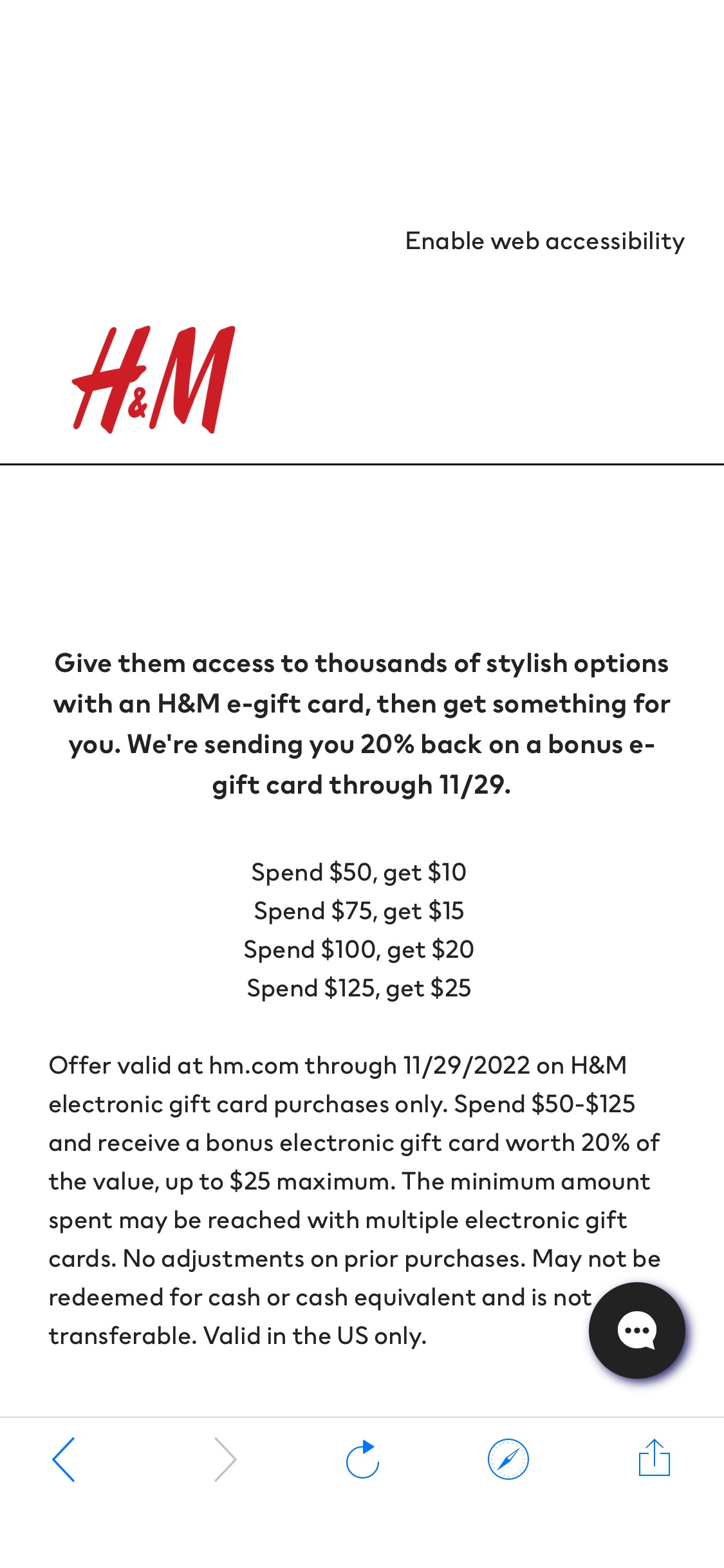 H&M USA eGift Cards 满$50，送多20% eGift Card，11/29到期
