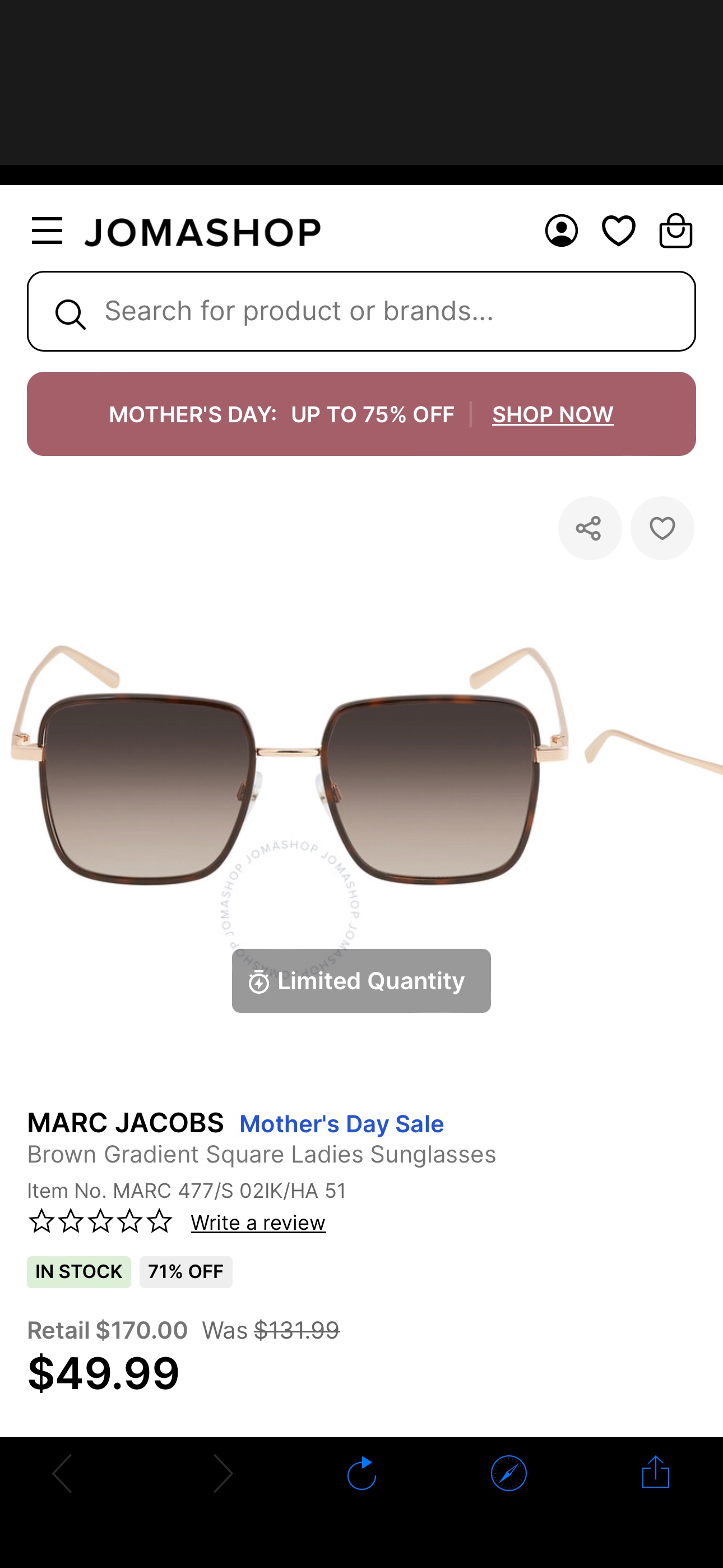 Marc Jacobs Brown Gradient Square Ladies Sunglasses MARC 477/S 02IK/HA 51 716736329123 - Sunglasses - Jomashop