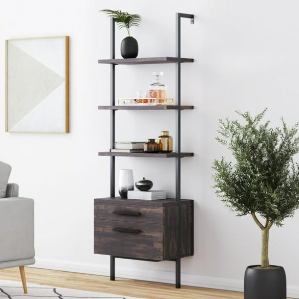 Theo Open Shelf Industrial Bookcase with Drawers in Warm Nutmeg Wood and Black Steel Frame