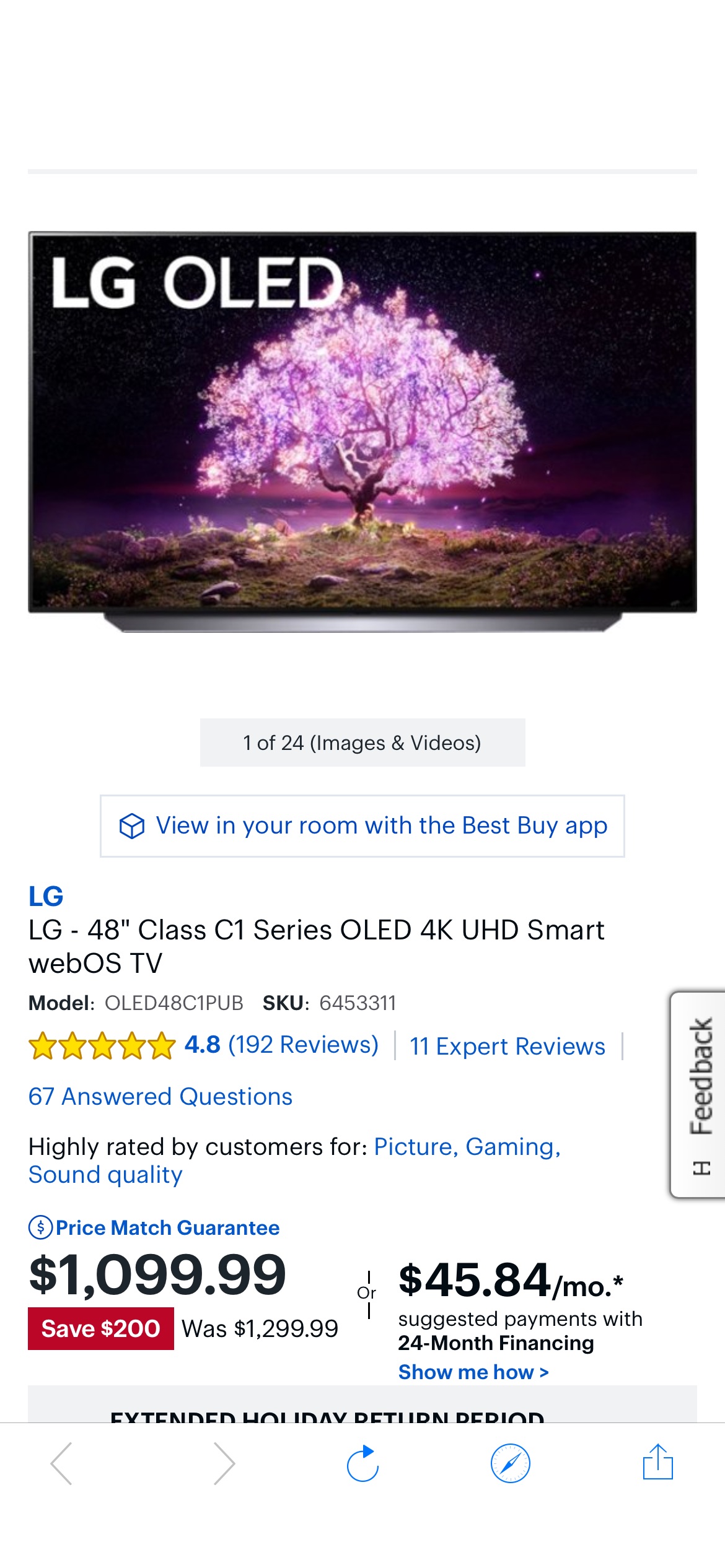 LG C1 OLED电视，48寸1099，55寸1299