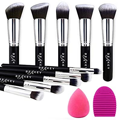 BEAKEY Makeup Brush Set, Premium Synthetic Kabuki Foundation Face Powder Blush Eyeshadow Brushes Makeup Brush Kit with Blender Sponge and Brush Cleaner (10+2pcs 化妆刷美妆蛋刷子清洁12件套