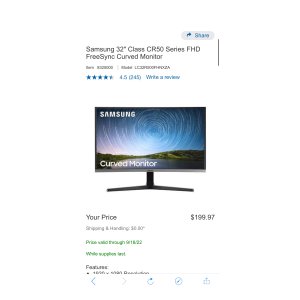 $199.97 Samsung 32 Class CR50 Series FHD FreeSync Curved Monitor | Costco 三星曲面屏显示器
