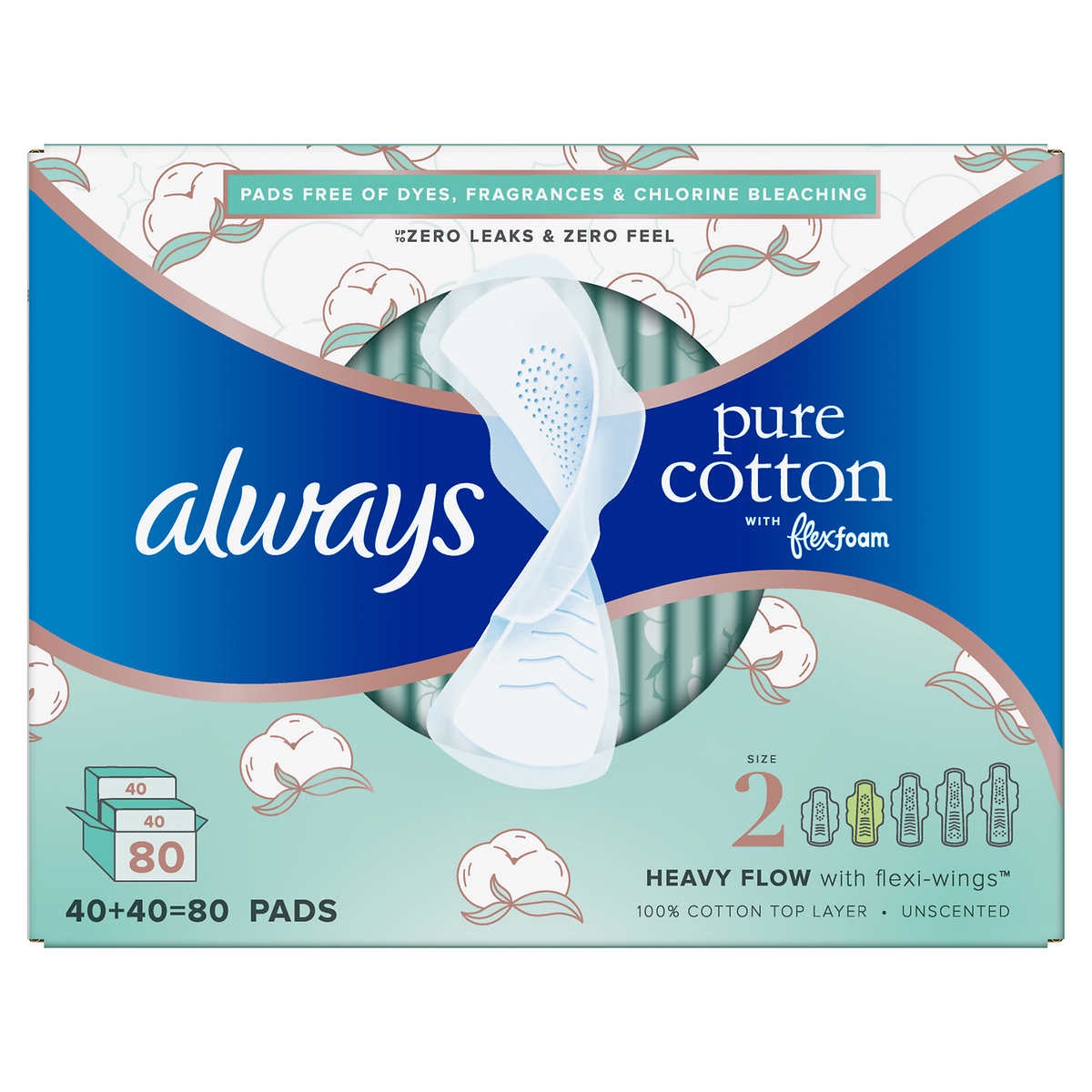 Always棉质姨妈巾 Always Pure Cotton with Flexfoam Pads, Size 2, 80-count | Costco