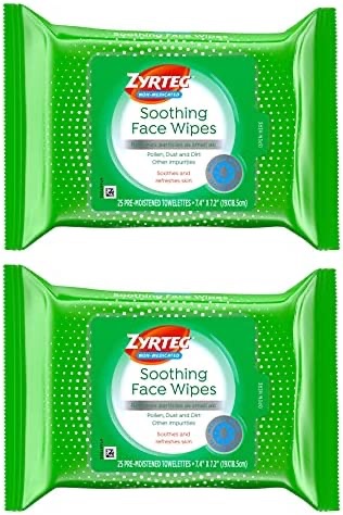 Zyrtec 舒缓面巾，不含药物的清爽面巾，含胶束水，可去除小至灰尘、花粉和污垢的颗粒，不含酒精和油，2 x 25 ct