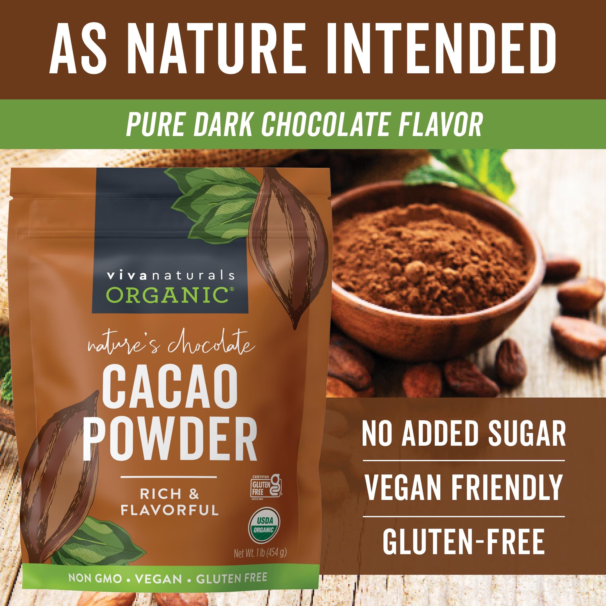 Amazon.com : Viva Naturals Organic Cacao Powder, 1lb - Unsweetened Cacao Powder With Rich Dark Chocolate Flavor, Perfect for Baking & Smoothies, Non-GMO, Certified Vegan & Gluten-Free, 454 g : Grocery