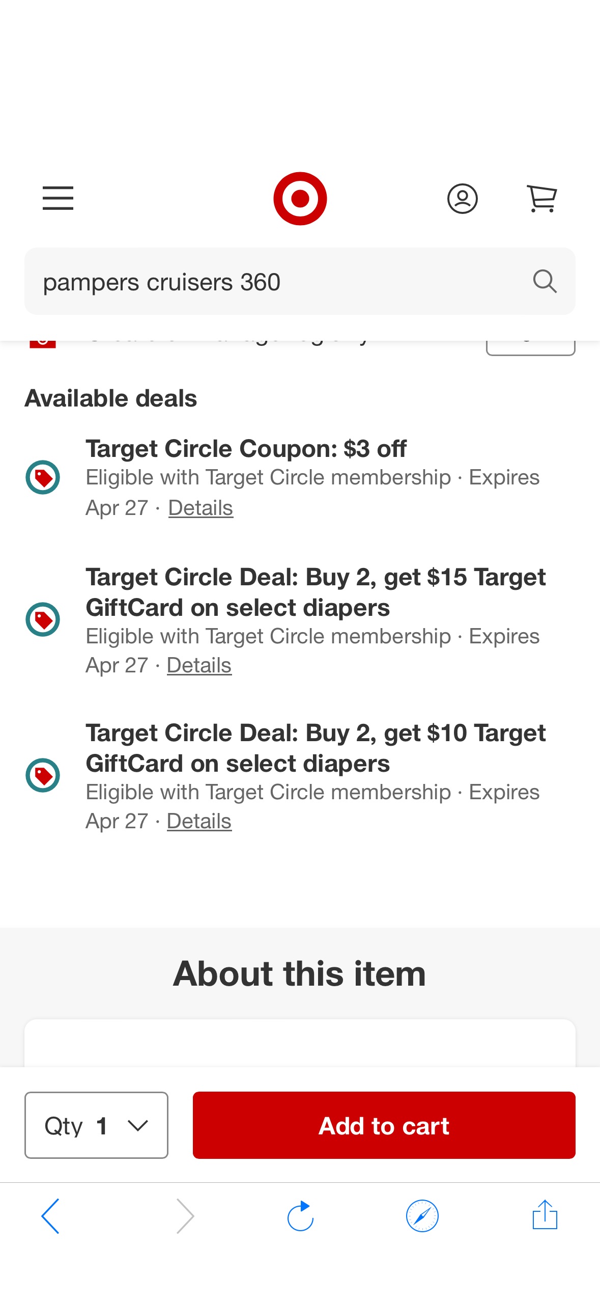 Target 现有pampers cruise 360 4号 满两个送$15叠加$10刀礼卡，还可以减$3商家折扣，超划算