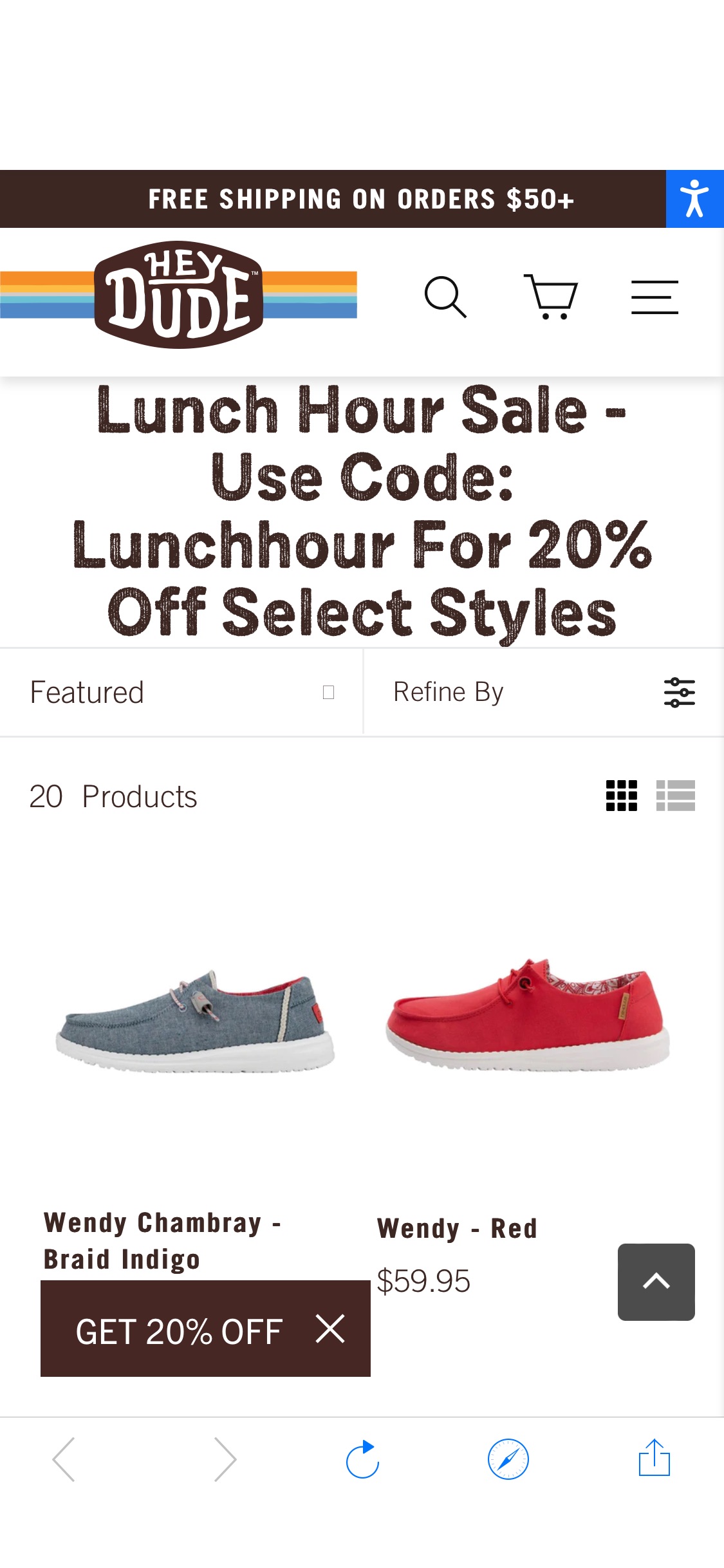 LUNCH HOUR Sale - USE CODE: LUNCHHOUR for 20% off select styles – HEYDUDE shoes
午饭时间闪促！指定鞋款8折，仅限今天下午东部时间4点以前！