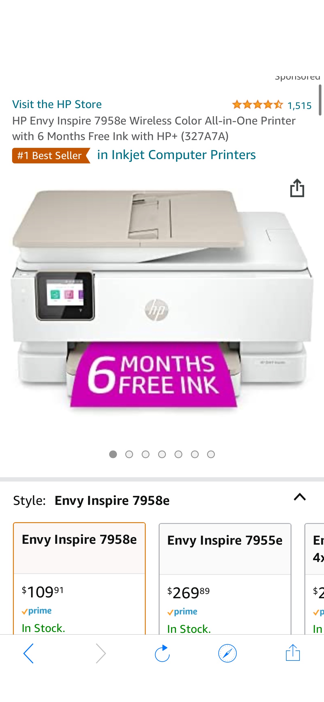 Amazon.com: HP Envy Inspire 7958e Wireless Color All-in-One Printer with 6 Months Free Ink with HP+ (327A7A) : Office Products打印机