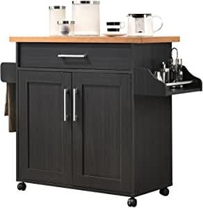 Kitchen Island with Spice Rack, Towel Rack & Drawer, Black with Beech Top