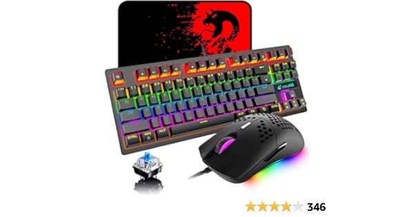 Mechanical Gaming Keyboard Blue Switch Mini 82 Keys Wired Rainbow LED Backlit Keyboard,Lightweight Gaming Mouse 6400DPI Honeycomb Optical,Gaming Mouse Pad for PC Gamers(Black)