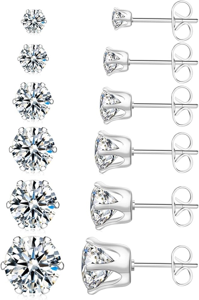 Amazon.com: UHIBROS 6 Pairs Stainless Steel Stud Earrings Set Hypoallergenic Cubic Zirconia 14K White Gold 316L CZ Earrings : Clothing, Shoes & Jewelry