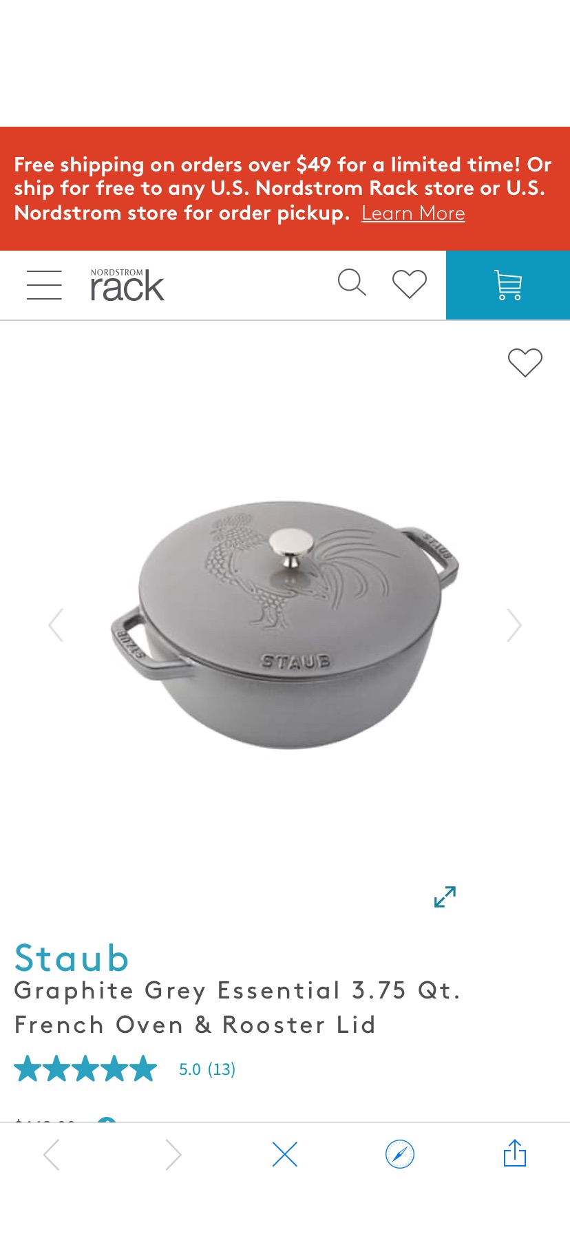 Staub | Graphite Grey Essential 3.75 Qt. French Oven & Rooster Lid | Nordstrom Rack 二五折stuab锅