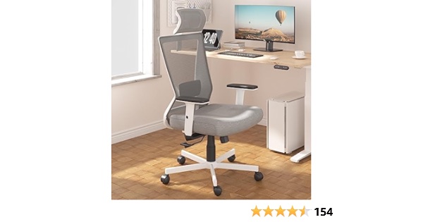 Dripex Ergonomic Office Chair, High Back Desk Chair, Computer Mesh Chair with Lumbar Support, Adjustable Headrest & 2D Armrest, 90°-135°Tilt Function, 360° Swivel Home Office Task Chair, White
