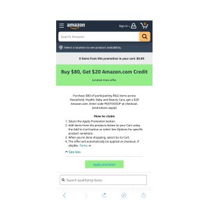 $0 Amazon.com: Buy $80, Get $20 Amazon.com Credit promotion