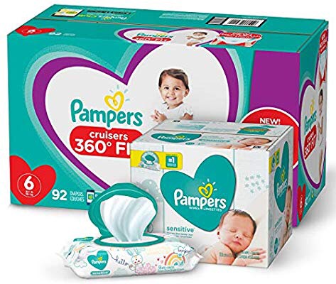 Pampers Diapers Size 6 - Cruisers 360˚ Fit Disposable Baby Diapers with Stretchy Waistband, 92 Count ONE Month Supply with Baby Wipes Sensitive 6X Pop-Top Packs, 336 Count 帮宝适新款纸尿裤+湿巾