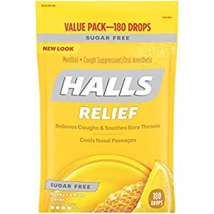 HALLS Sugar Free Honey Lemon Flavor Cough Drops, 1 Bag (180 Total Drops)