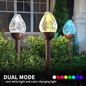GIGALUMI Solar Lights Outdoor, Cracked Glass Flame Shaped Solar Garden Lights, Cold White/Color Changing Lights Outdoor, Garden LED Lights