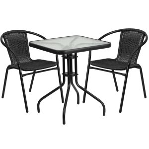 Flash Furniture 23.5'' Square Glass Metal Table with 2 Black Rattan Stack Chairs