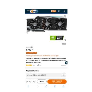 $769.99 技嘉Gaming OC GeForce RTX 3080 10GB GDDR6X PCI Express 4.0 ATX Video Card GV-N3080GAMING OC-10GD (rev. 2.0) (LHR) 用折扣吗再减30