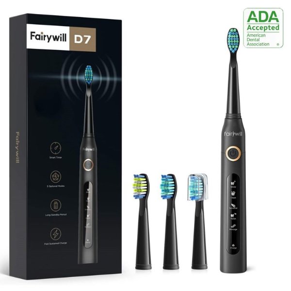 Sonic Electric Toothbrush for Adults with 4 Brush heads , Rechargeable Toothbrush with 5 Modes and Smart Timer , ADA Accepted , Black