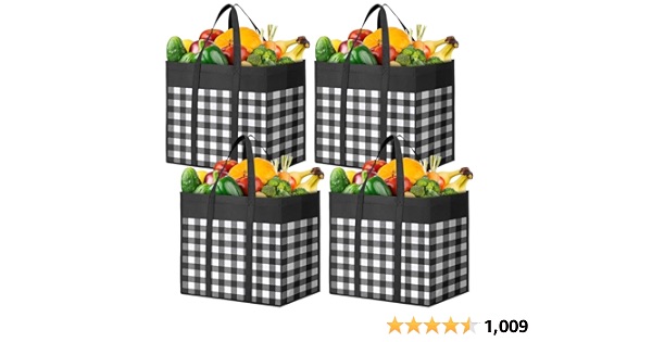 WOWBOX Reusable Grocery Bags,4-Pack, Foldable Reusable Shopping Tote Bags bulk with Reinforced Handles,Large Storage Bags with Water Resistant Coating for Groceries,Multipurpose,Black-White