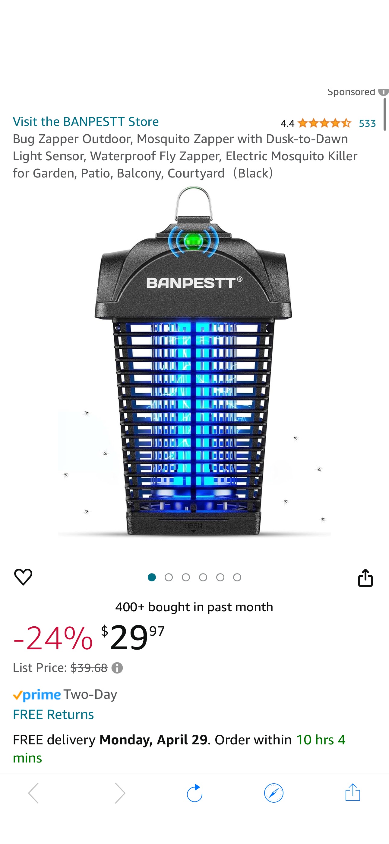 Amazon.com : BANPESTT Bug Zapper Outdoor, Mosquito Zapper with Dusk-to-Dawn Light Sensor, Waterproof Fly Zapper, Electric Mosquito Killer 14.98 after code 503O2OVQ