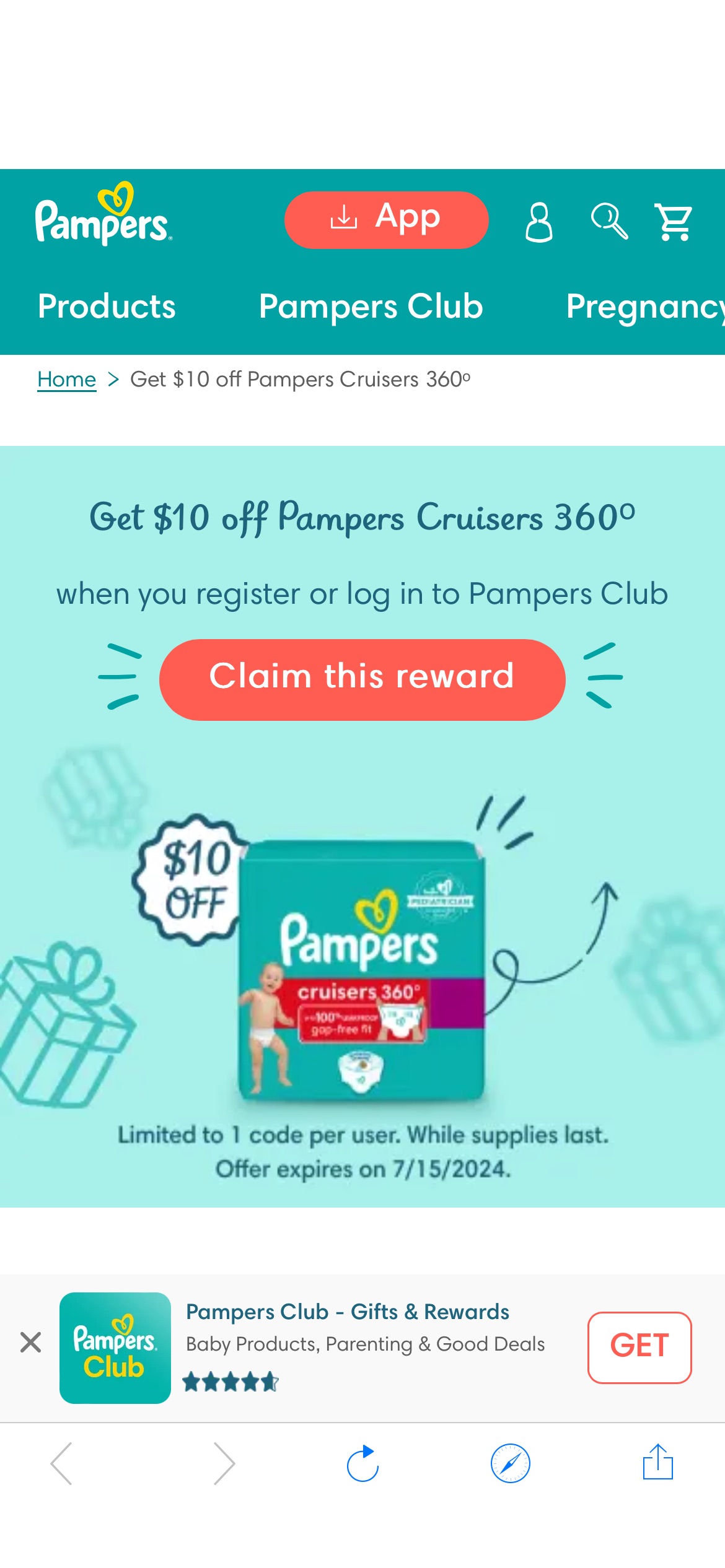 加入Pampers会员可享 cruisers 360拉拉裤 优惠$10