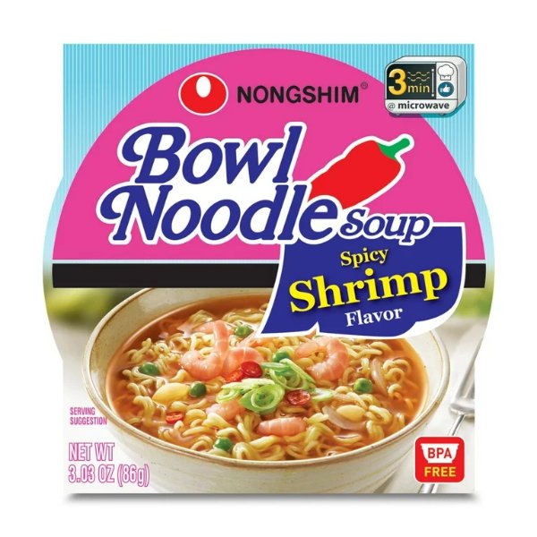 Nongshim Bowl Noodle Spicy Shrimp Ramyun Ramen Noodle Soup Bowl, 3.03oz X 12 Count