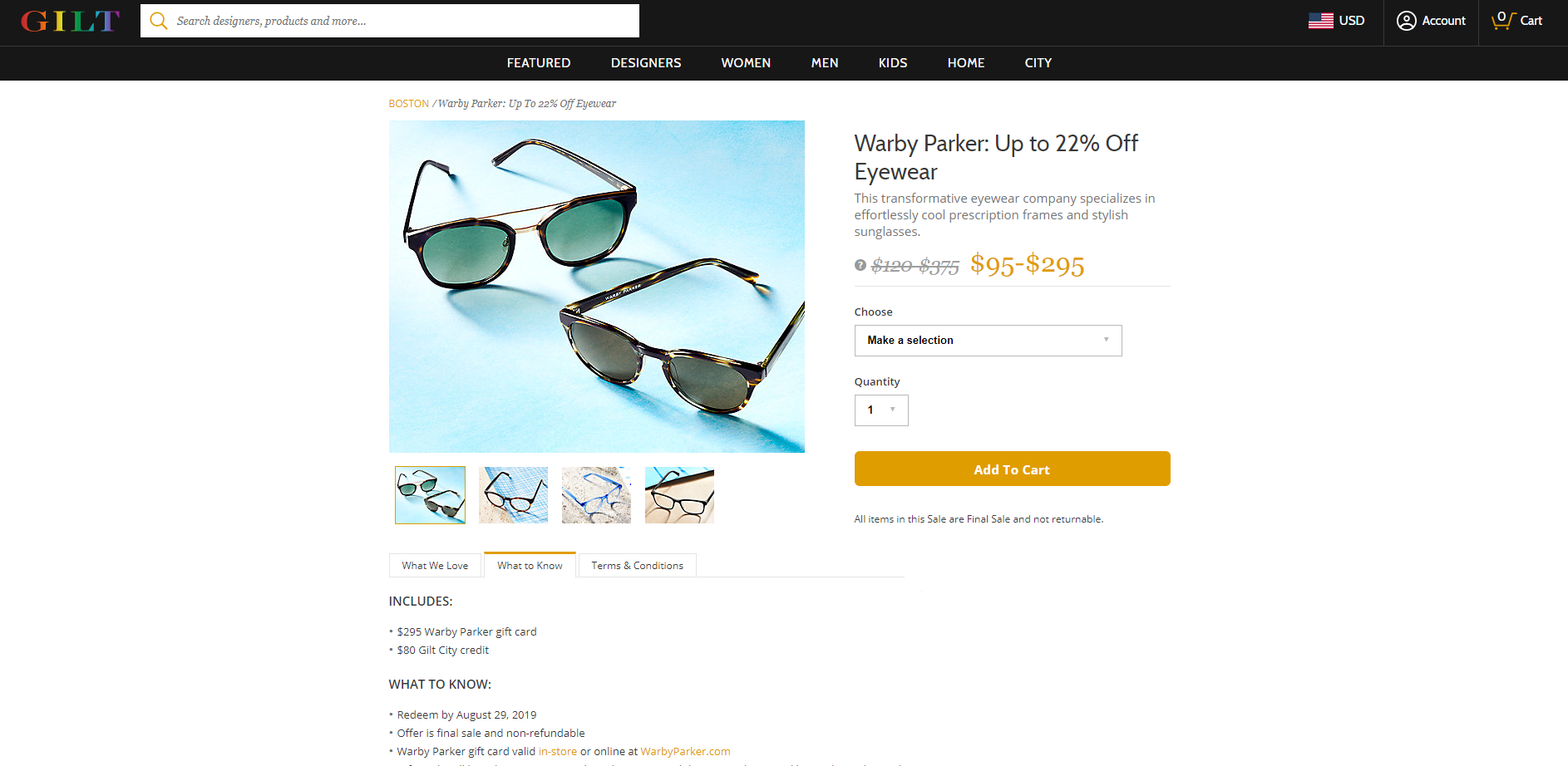 GiltCity现有Warby Parker墨镜礼卡78折兑换