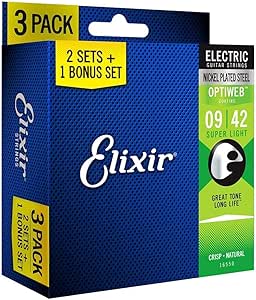 Amazon.com: Elixir Strings 16550 Guitar Strings with OPTIWEB Coating, 3 Pack, Super Light (.009-.042) : Musical Instruments