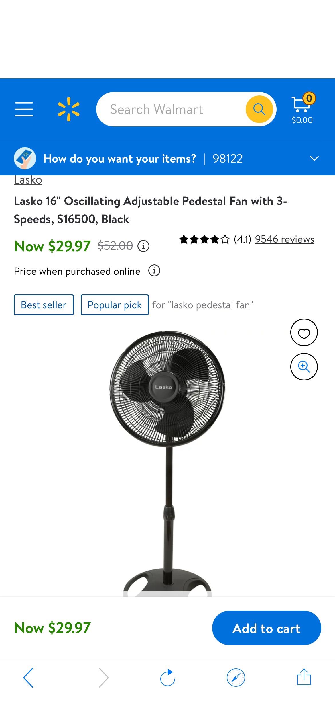 Lasko 16" Oscillating Adjustable Pedestal Fan with 3-Speeds, S16500, Black - Walmart.com