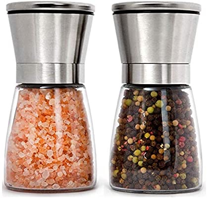 Home EC Stainless Steel Salt and Pepper Grinders refillable Set - Short Glass Shakers with Adjustable Coarseness for sea salt, black peppercorn, or spices - Salt and Peppe& Ebook研磨罐子