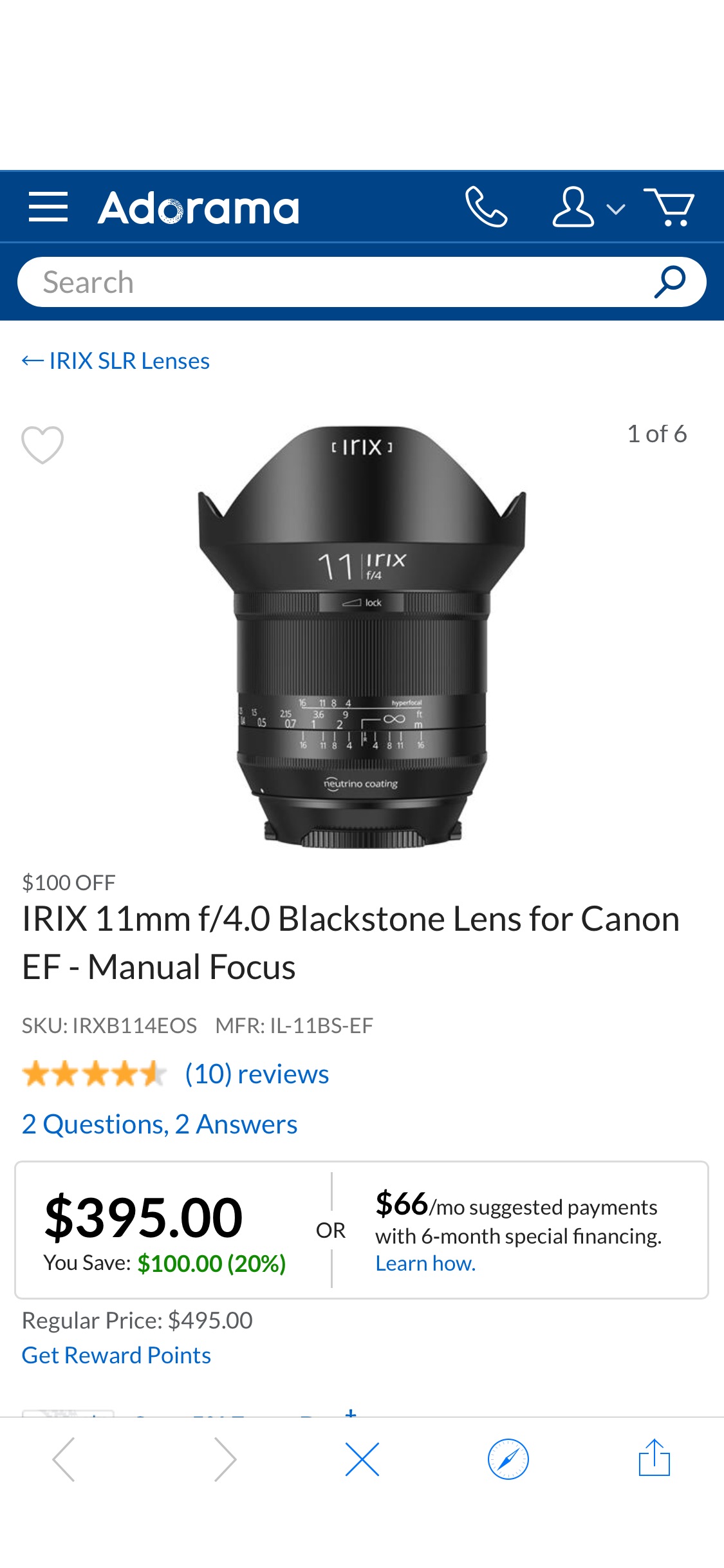 IRIX 11mm f/镜头4.0 Blackstone Lens for Canon EF - Manual Focus IL-11BS-EF