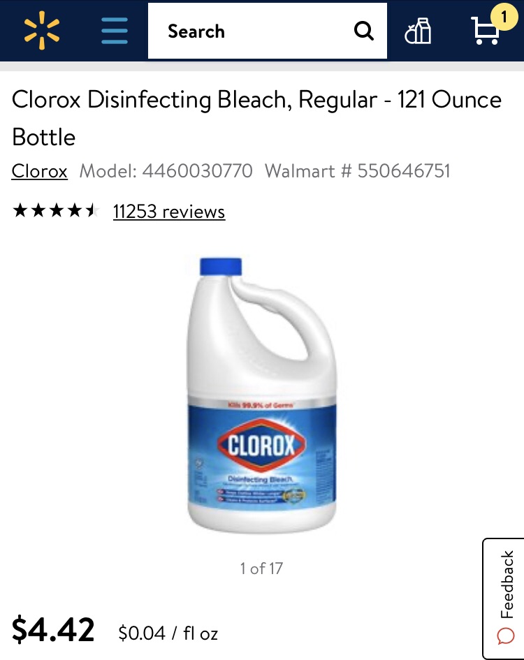 Clorox 消毒漂白水，Regular - 121 Ounce Bottle - Walmart.com - Walmart.com