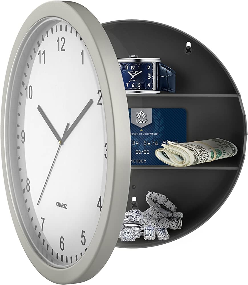时钟保险箱 ，10 英寸电池供电模拟时钟，带隐藏式墙面保险箱，可存放珠宝、现金、贵重物品等
