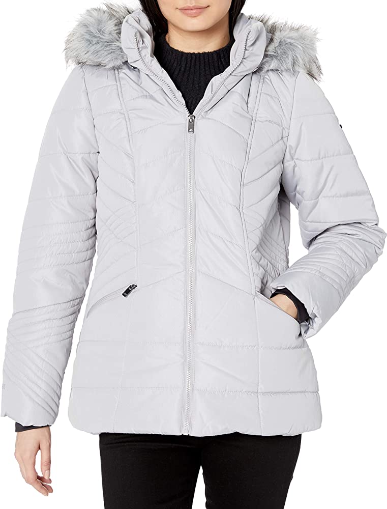 Amazon.com: Skechers Women's Warm Winter Jacket with Faux Trimmed Hood, Echo Grey, Large 棉服 大码